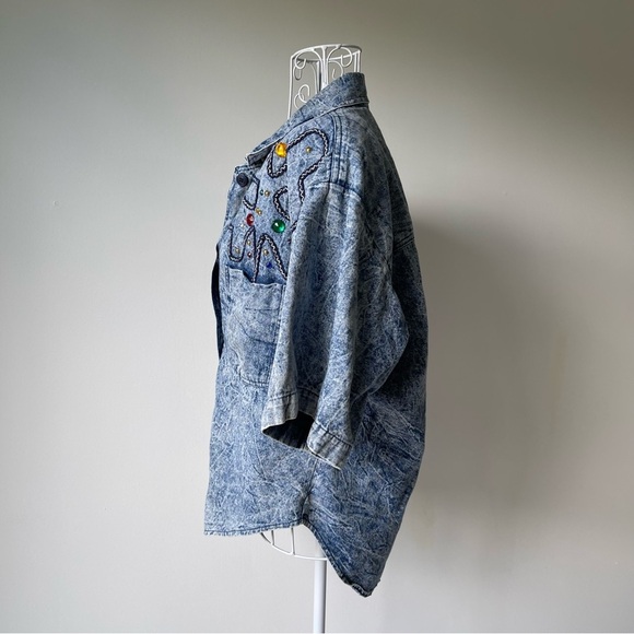 Vintage Cache acid wash blue denim embellished padded shoulders button up SZ S - Picture 2 of 11